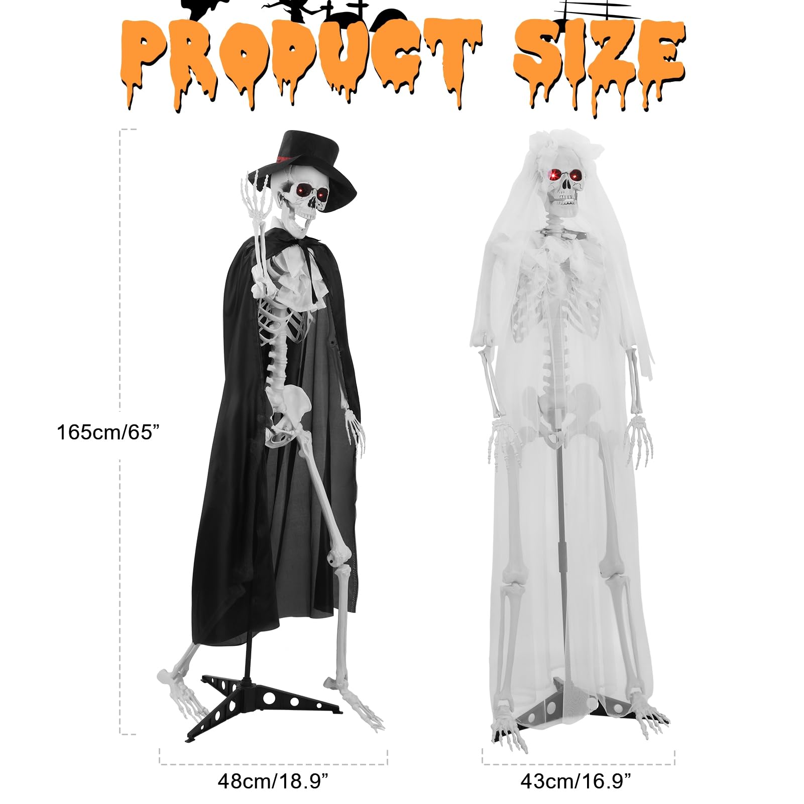 hatleues Szkielety panny młodej o długości 1,6 m ze świecącymi oczami, przerażający dźwięk, 1 para szkieletów na Halloween, możliwe szkielety z ruchomymi stawami, plastikowy szkielet para dekoracja na