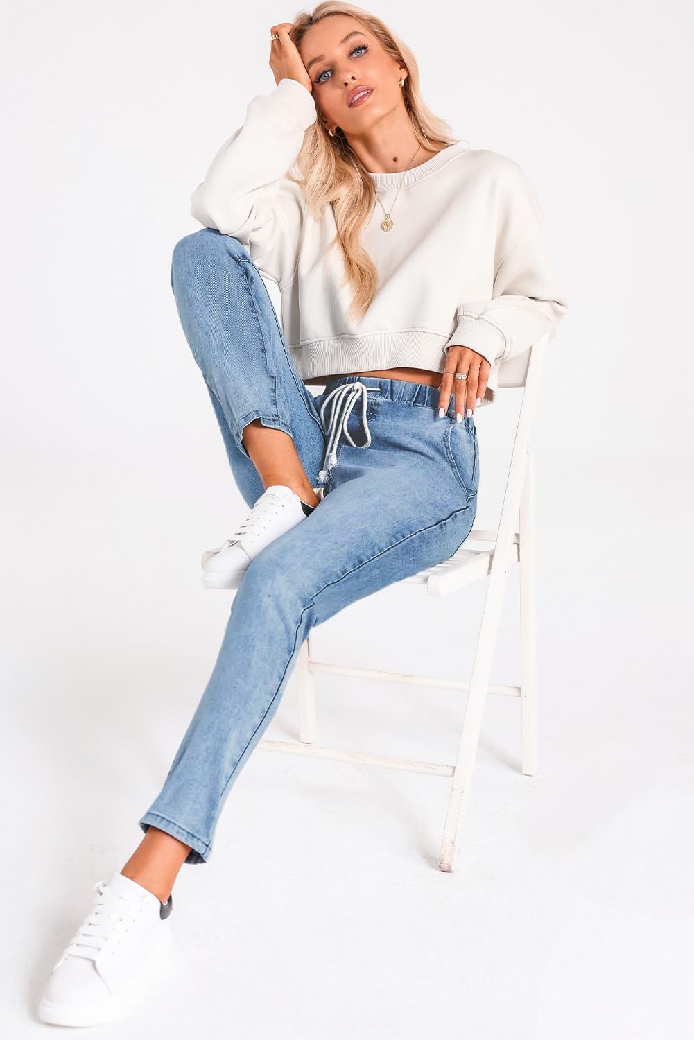 Damen Lässig High Waist Jeans Damen Stretch Elastische Straight Jeans