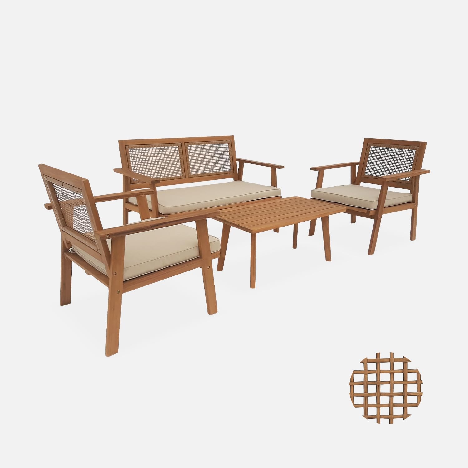 sweeek-​Conjunto de jardín en Madera y caña Cuadrada, 4 plazas Natural - 117x64x74 cm