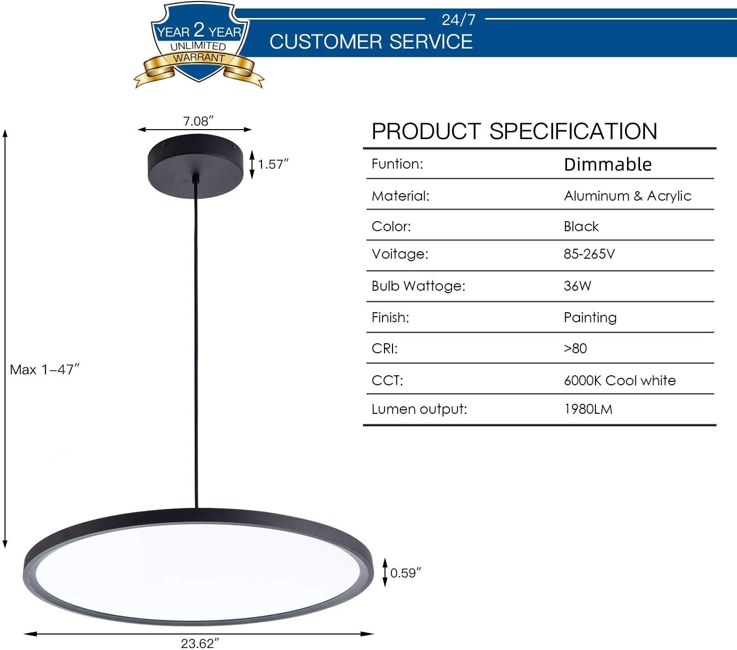 MADEM Modern LED Pendant Light 23.6'' Disc Chandelier Hanging Lighting Fixture with Acrylic Shape Dimmable Office Chandelier 6000K for Office Room Football Bedroom Decor Kitchen Island, Black