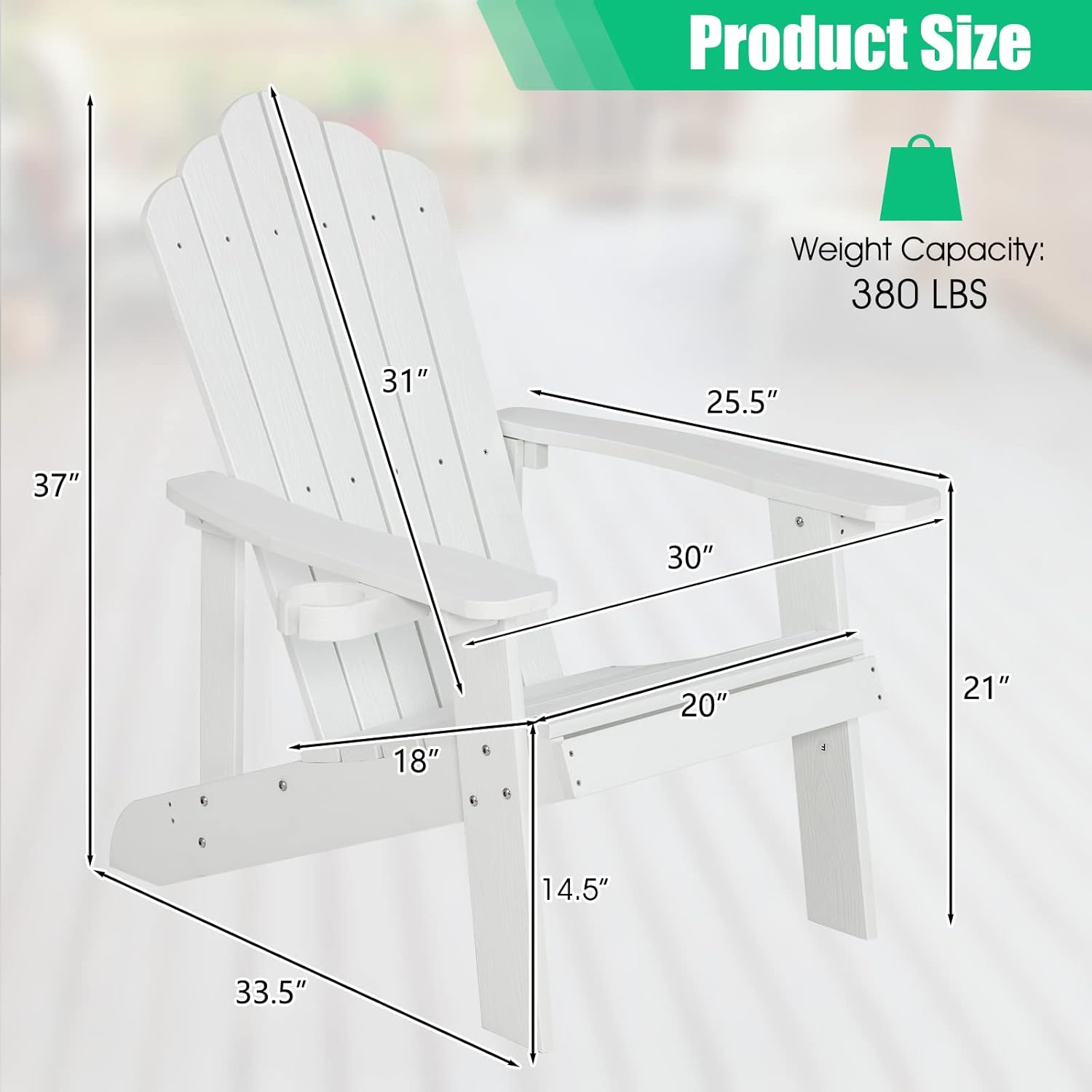 Giantex Outdoor Adirondack Chair - Oversized Patio Chairs w/Hidden Cup Holder, Realistic Wood Grain, 380 LBS Weight Capacity, Weather Resistant Firepit Chairs for Backyard, Garden (1, White)
