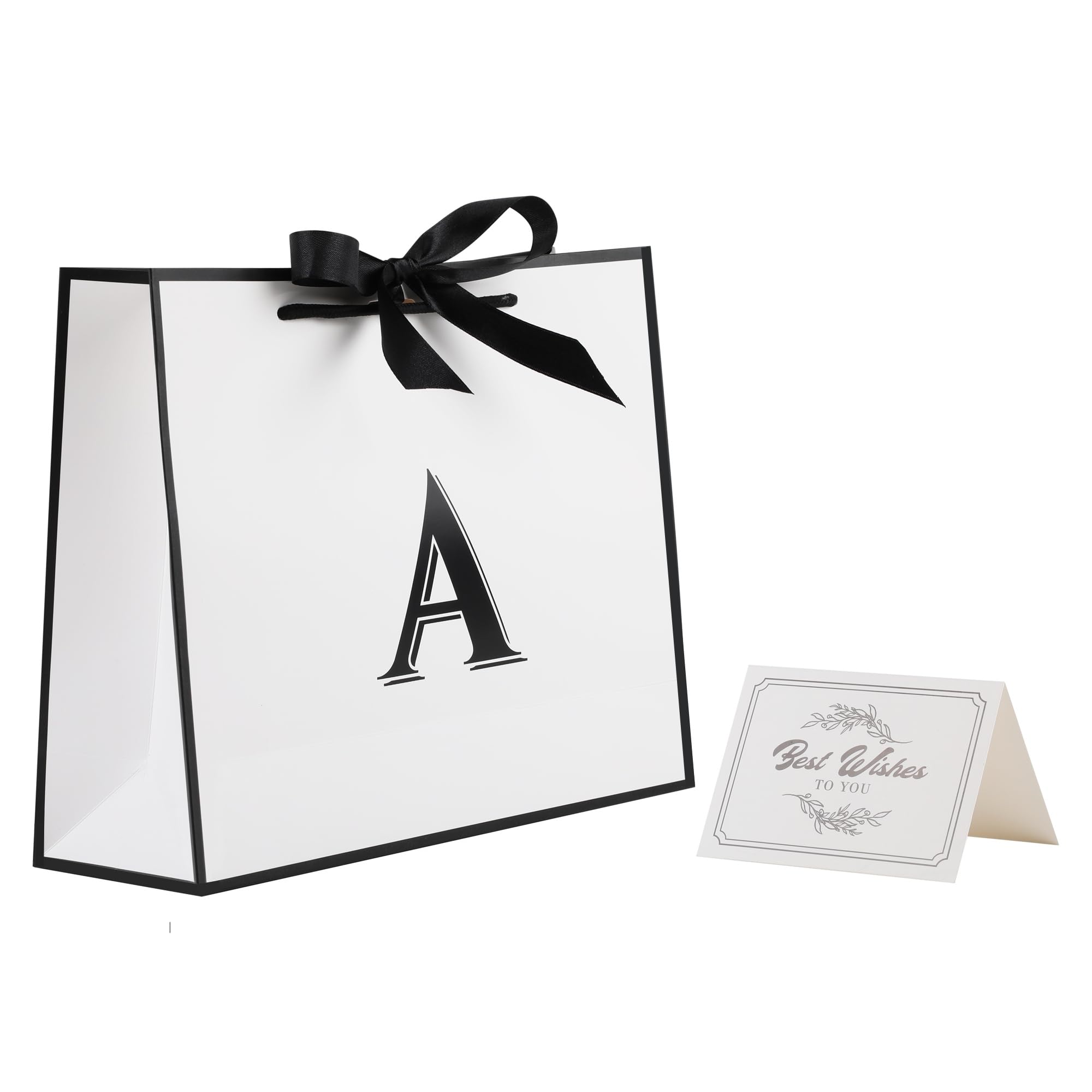 STOBOCTER Initial Gift Bag with Bow Ribbon and Card for Women Men, 16" x 11" Large White Black Paper Gift Bag, Personalized Letter Paper Bag for