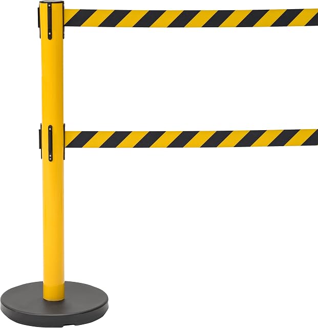 Twin Retractable Queue Barrier, Pull Out Safety Tape (Yellow Post, Black/Yellow Belt)