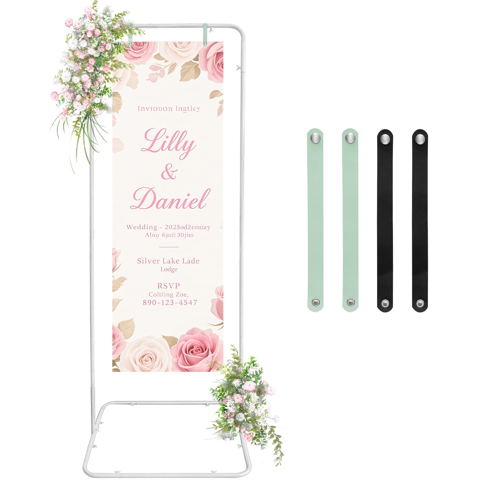 Photo 1 of IKULE Easel Stand for Wedding Sign Holder Metal Welcome Poster Stands Wedding Seating Chart Stand Backdrop Stand Floral Ceremony Easel for Display in White