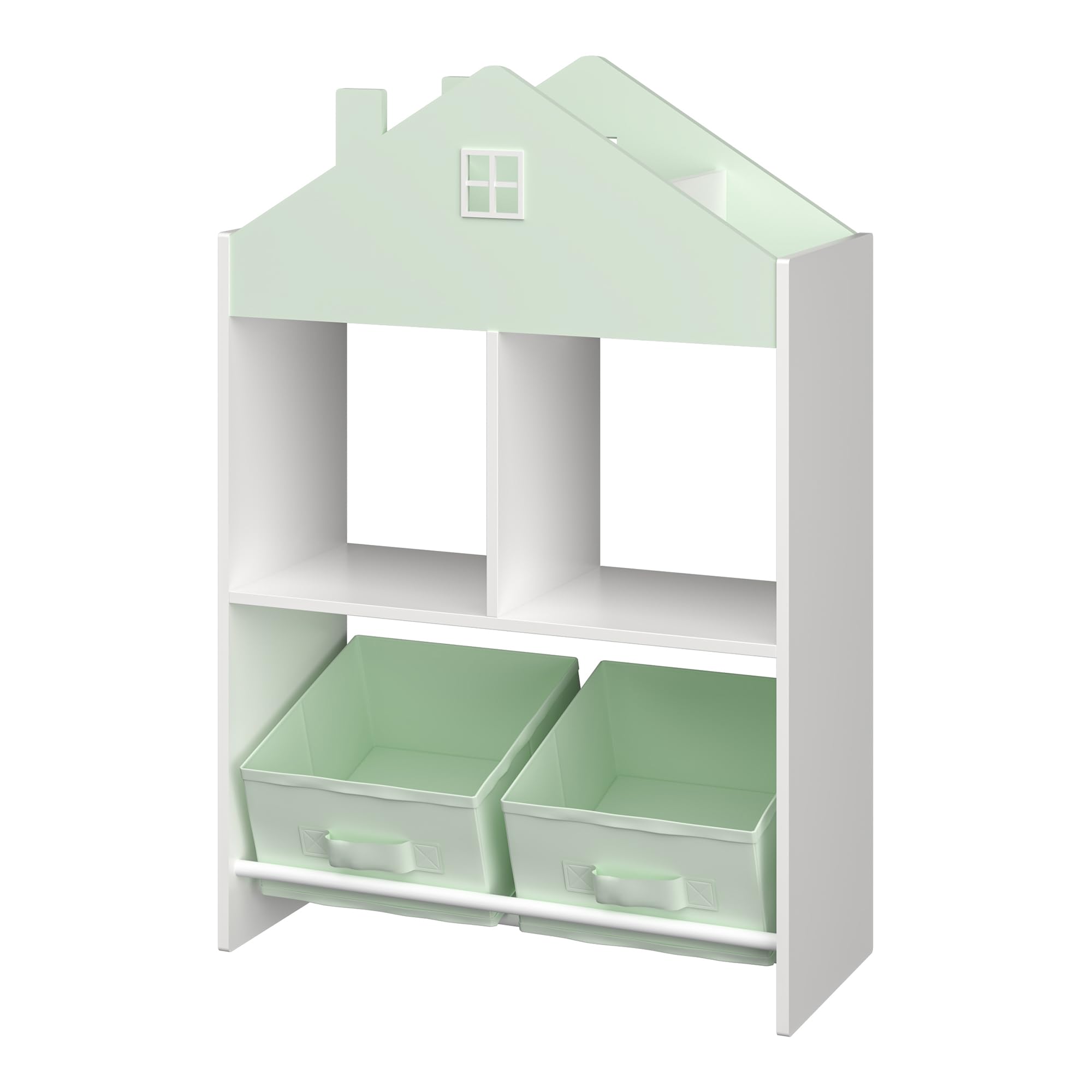 [en.casa] Kinder Bücherregal Vipsali Kinderregal in Hausoptik mit 2 faltbaren Aufbewahrungsboxen Spielzeug Aufbewahrung 90 x 60 x 27 cm Mintgrün/Weiß