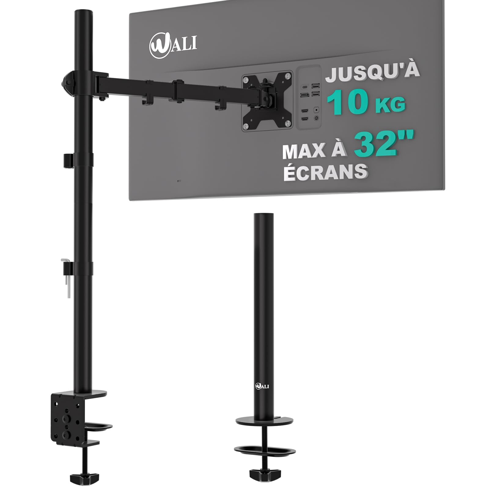 WALI Support Ecran PC Bras Simple pour Moniteurs 32 Pouces, Rotatif Pivotant, 10kg, VESA 75/100 mm