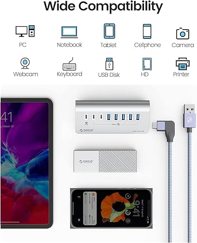 Vista 7 de ORICO 7 Port USB Hub 10Gbps, Aluminum USB 3.2 Gen 2 Hub, 6 USB 3.2 Data Ports, 1 PD 60W Ports, 24V 3A Power Adapter, 3.28Ft A to C Cable, USB Data