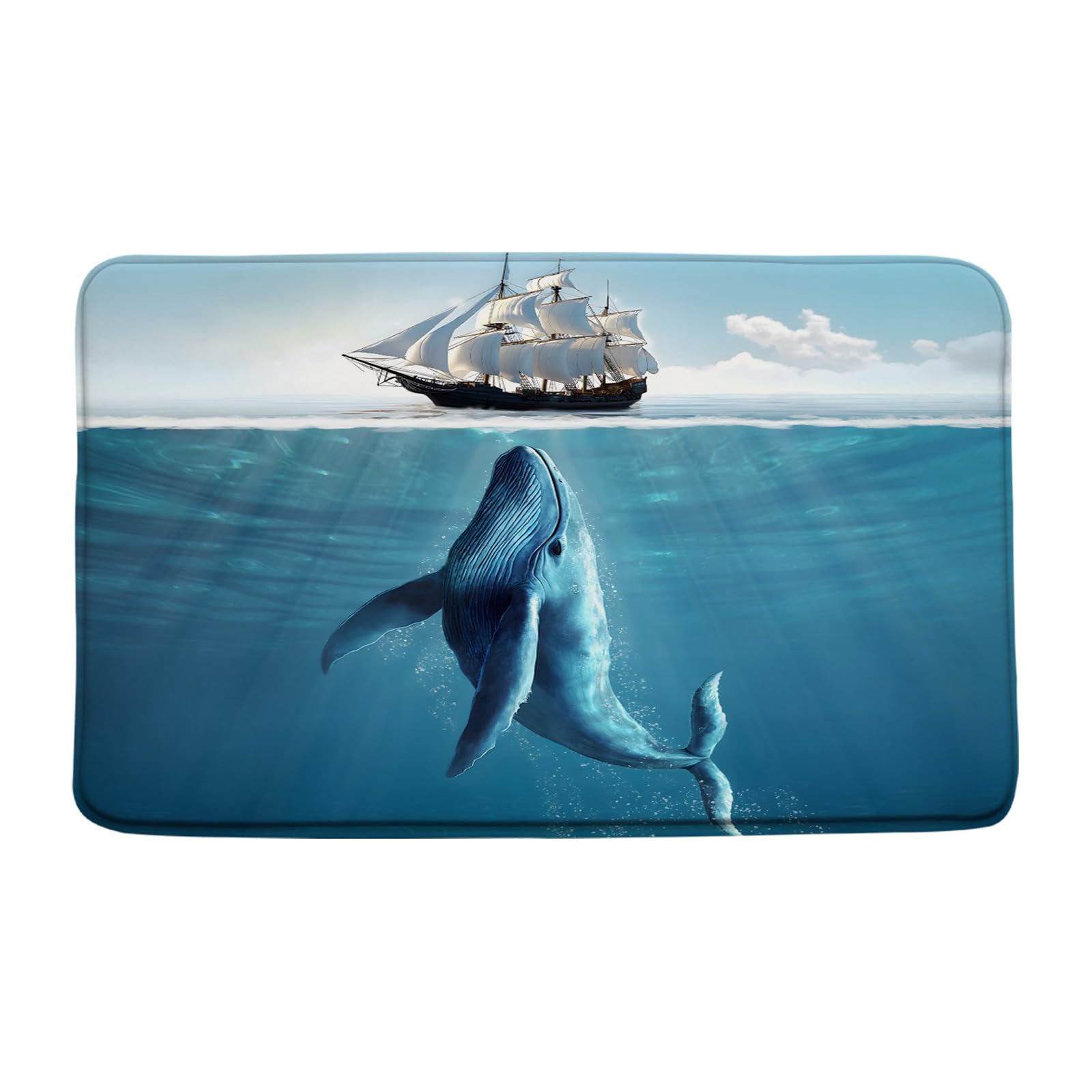 ZKJSMGS Whale Bath Rug Nautical Wooden Sailboat Whale Under The Ocean Marine Life Blue 18x30 InchBath Mat for Bathroom Kitchen Toilet