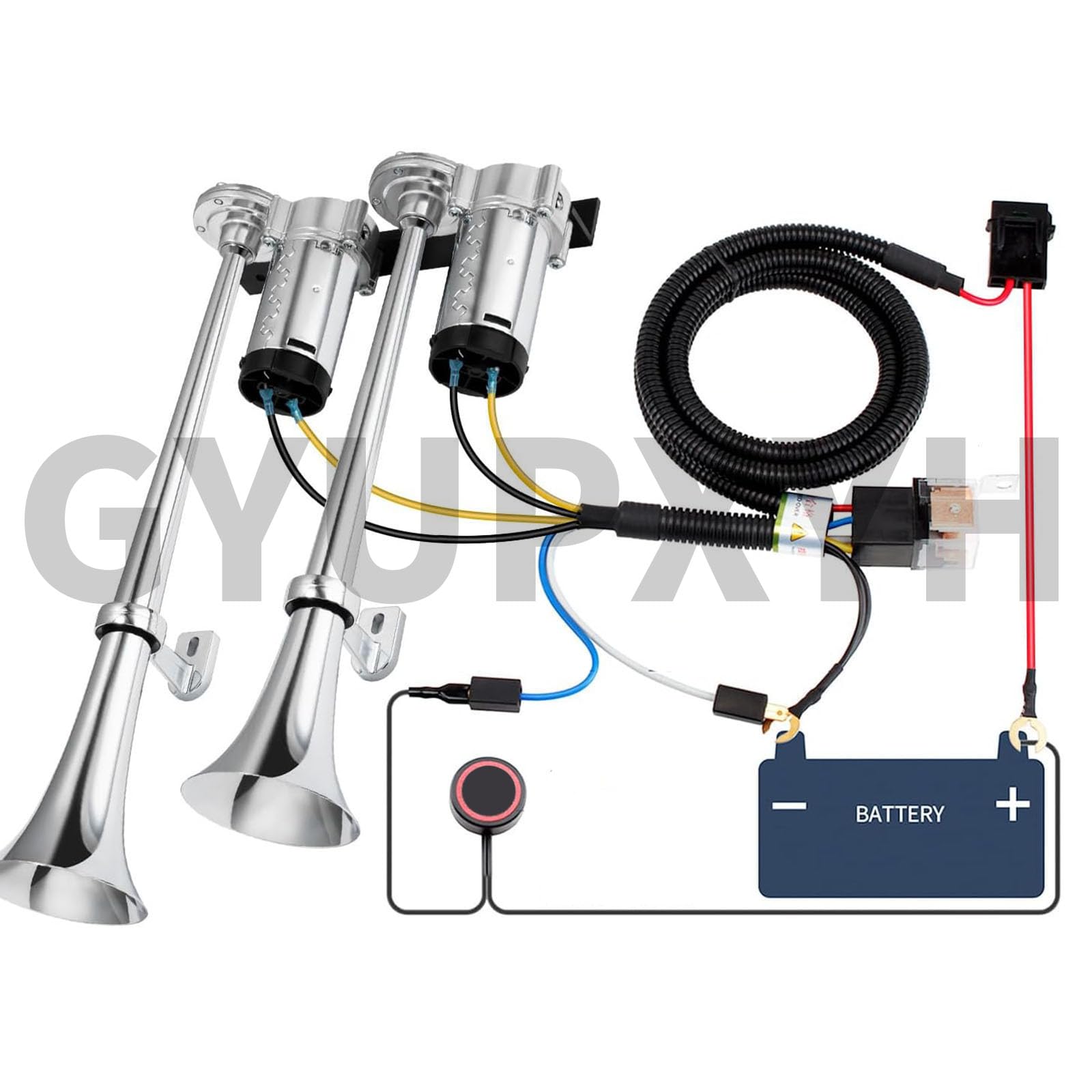 Trompette Tracteur 12v avec Compresseur Double Trompe en Zinc Chromé 150dB avec Relais et Bouton pour Camion, Voiture, Train, Bateau, SUV (Chromé)