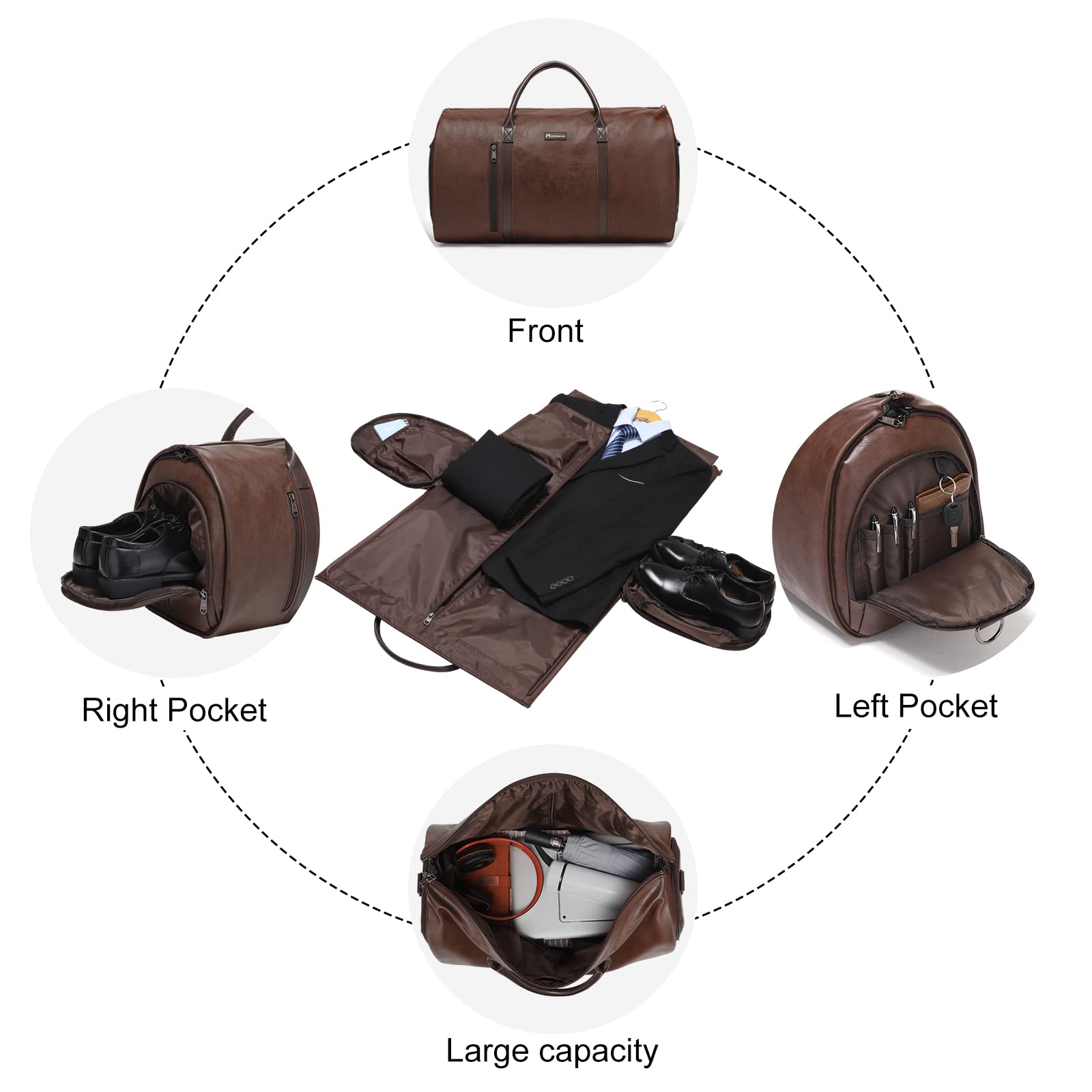 Modoker Sac à vêtements en Cuir Convertible, Sacs à vêtements de Voyage, Sac de Sport, Cadeaux pour Hommes Femmes Affaires Valise étanche Costume Sacs de Voyage, Marron