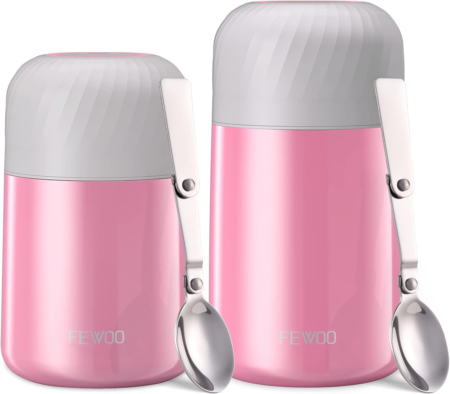 FEWOOFood Jar - 2 Pack 27oz + 20 oz Vacuum Insulated Stainless Steel Lunch Thermos, Leak Proof Soup Containers with Folding Spoon for Hot or Cold Food (Pink)