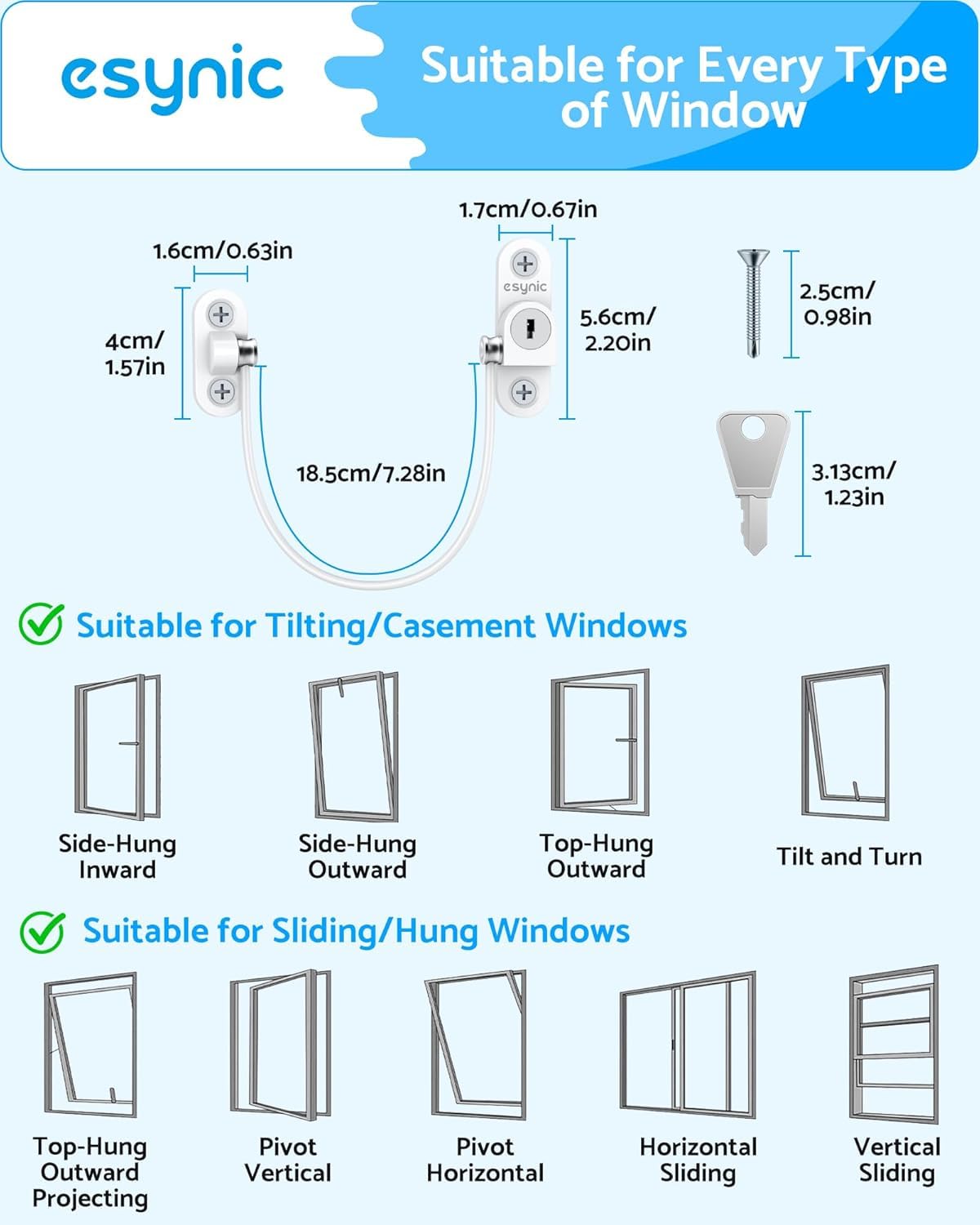 eSynic 20 Stück UPVC-Fenstersicherungen, Fensterbegrenzung für Katze, Kinder, Sicherheitsbegrenzung, Öffnungsabstand und Belüftung, Fensterschloss mit selbstschraubenden Schlüsseln für PVC-, Holz