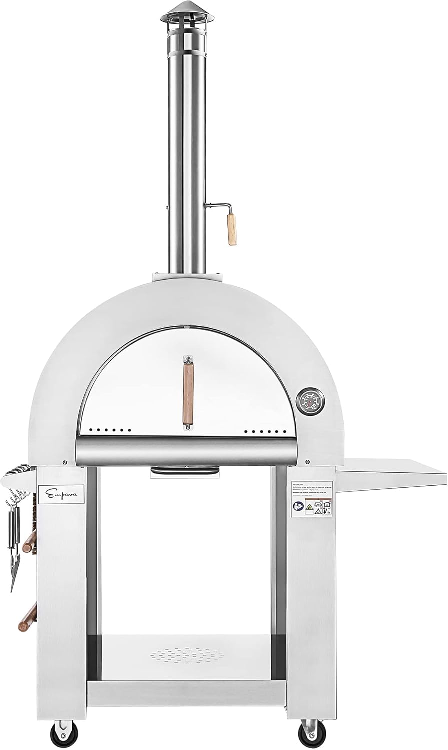 Empava Commercial-Style Pizza Oven Outdoor with Side Panel and Wheels, Wood Fired for Grill & Outside Camping Backyard Party in Stainless Steel,33 Inch, Silver