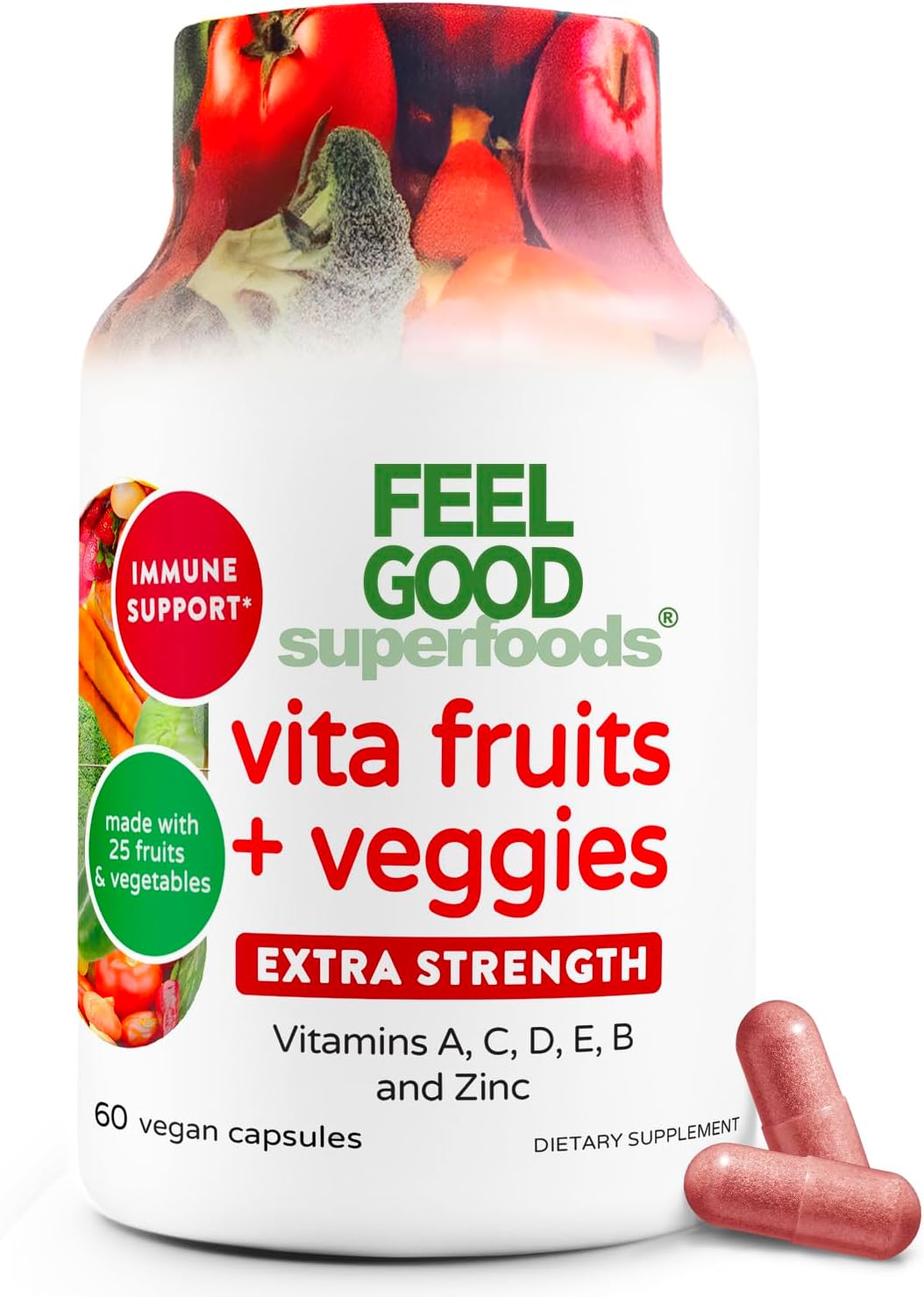 FeelGood Superfoods 1000mg Immune Support Capsules Made with 25 Organic Fruits and Vegetables, Strong Immunity Boosters with Vitamins A, C, D3, and Zinc, 60 Count