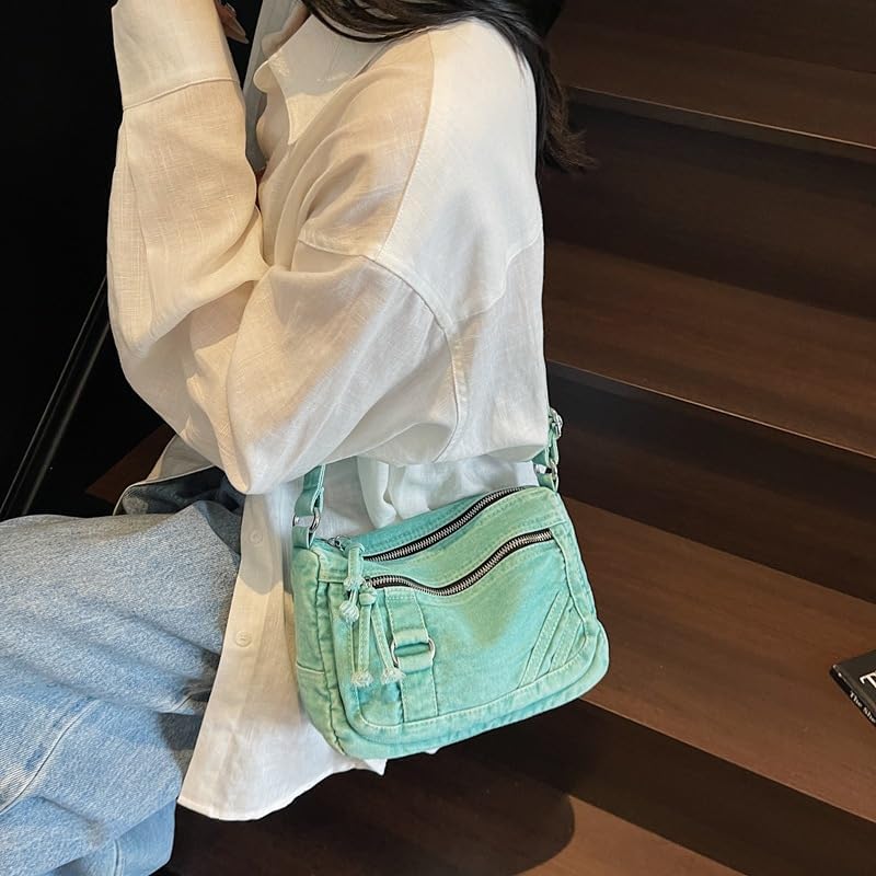 Casual Denim Crossbody Shoulder Bag, Mint Green, Multi-Pocket Design, Fashion Square Shape, Adjustable Strap, Summer Style - Image 2
