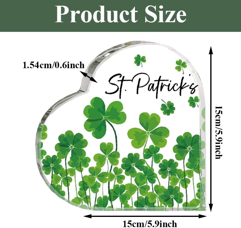 St. Patrick's Day Heart-Shaped Acrylic Sign - Clear Shamrock Decor