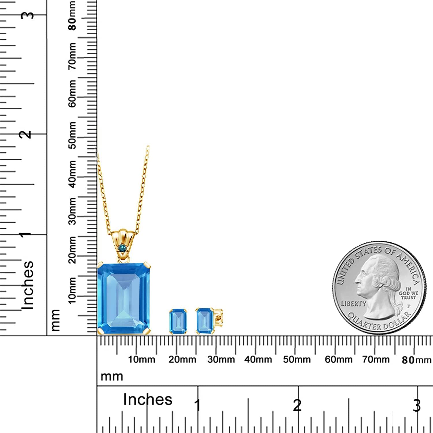 18K Yellow Gold Plated Silver Swiss Blue Topaz and Blue Diamond Pendant and Earrings Jewelry Set For Women (17.43 Cttw, Gemstone November Birthstone, Emerald Cut 18X13MM and 6X4MM, with 18 Inch Chain) - Image 2