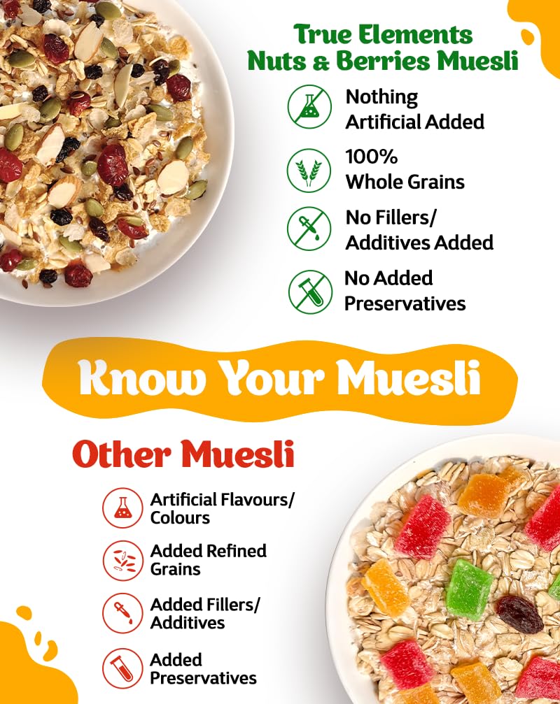 True Elements Breakfast Cereal Muesli, 1kg - Nuts and Berries, High Fiber