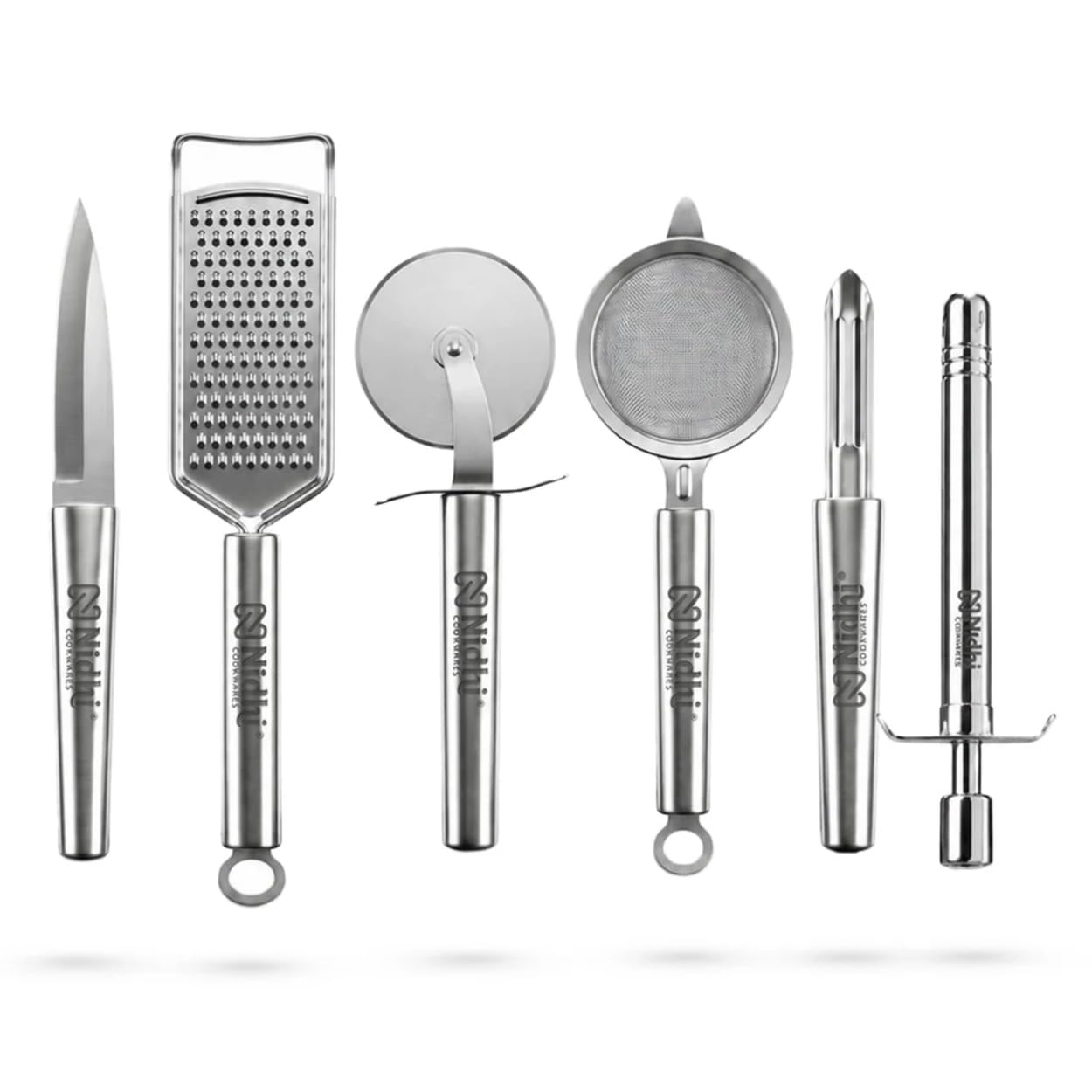Cookwares Premium Stainless Steel Kitchen Tool Set (6 Pieces) | Includes Knife, Grater, Pizza Cutter, Strainer, Peeler & Lighter-image-44