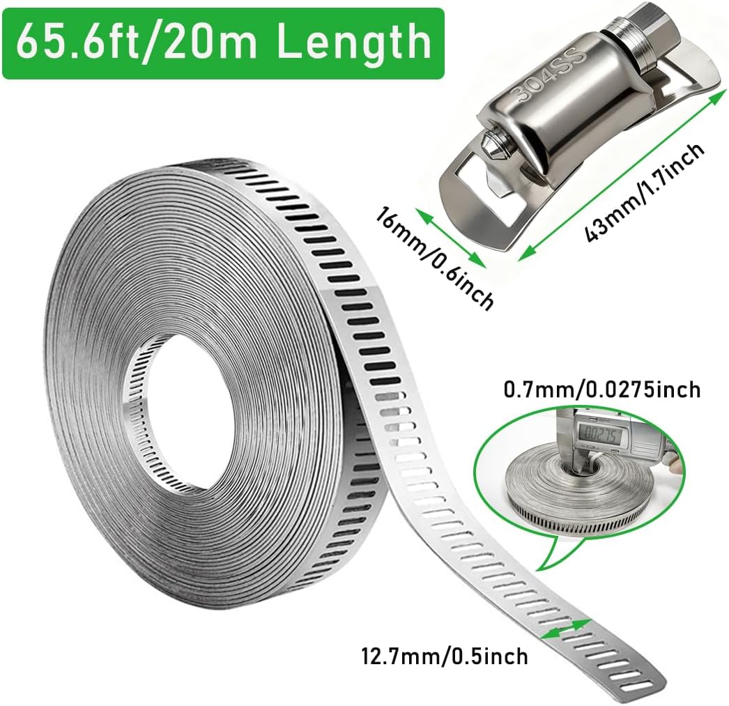 65.5FT/20m Stainless Steel Hose Clamps Assortment Kit with 20pcs Fasteners | Adjustable Long DIY Metal Band Clamp Band Fittings Strap for Pipe, Intercooler, Plumbing, Tube, Radiator and Fuel Line