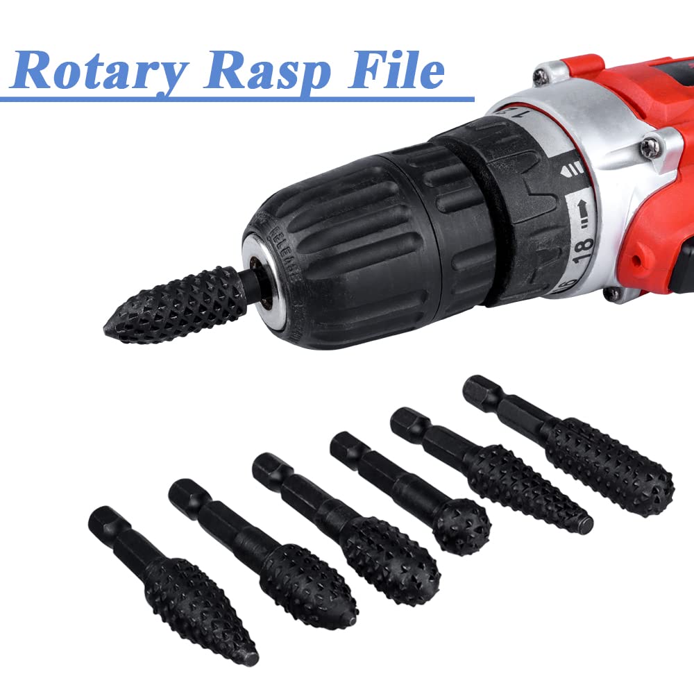 Eyech 10Pcs Rotary Burr Rasp Set Wood Carving File Rasp Drill Bits 1/4'' Hex Shank Rotary Rasp File Set Fit for DIY Woodworking Wood Plastic Carving Polishing Grinding Engraving