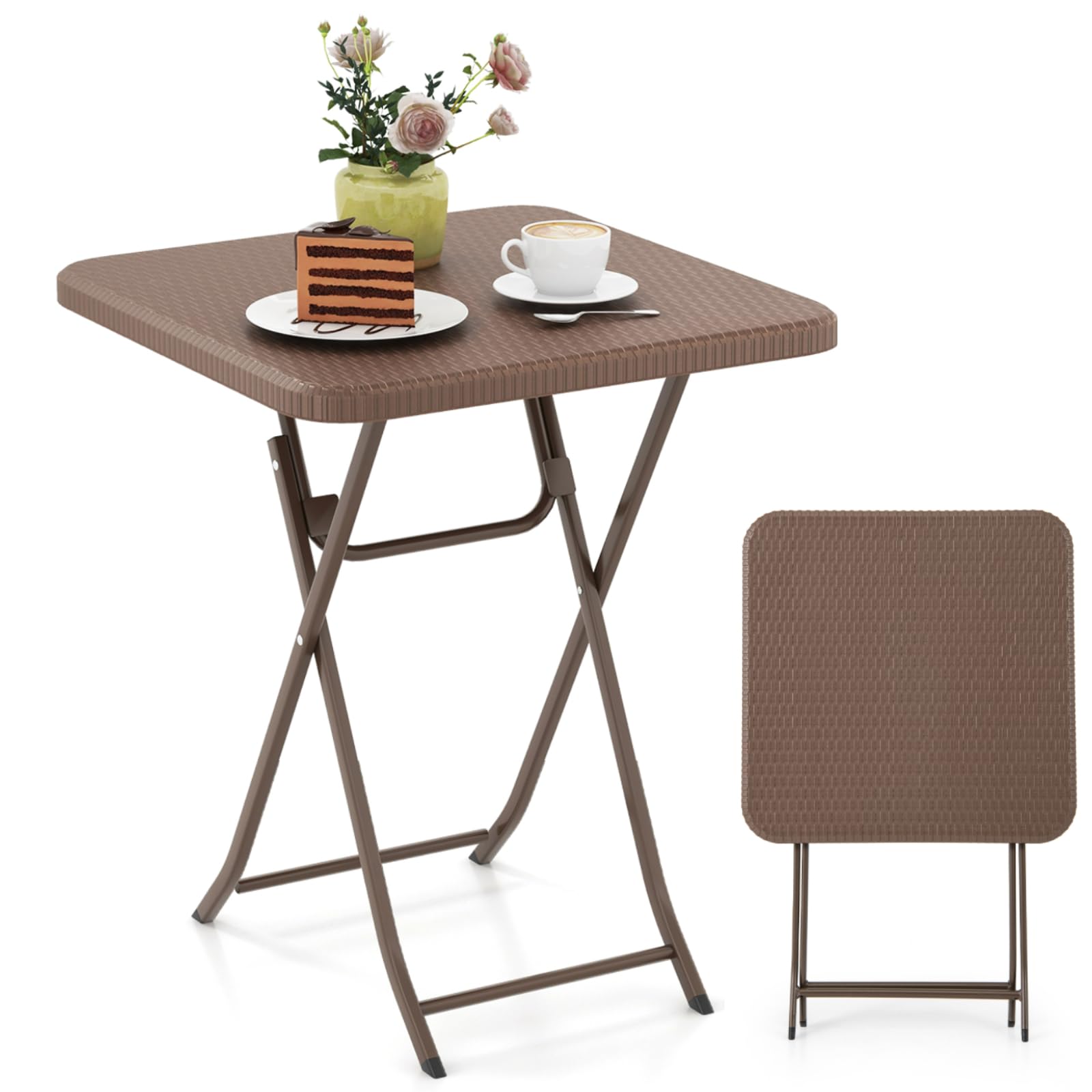 TANGZON Folding Camping Table, Portable Square Picnic Table with X-Shaped Structure & Metal Frame, Outdoor Lightweight Dining Trestle Table for Picnic BBQ (Brown Rattan Textured Top, 60 x 60 x 72cm)