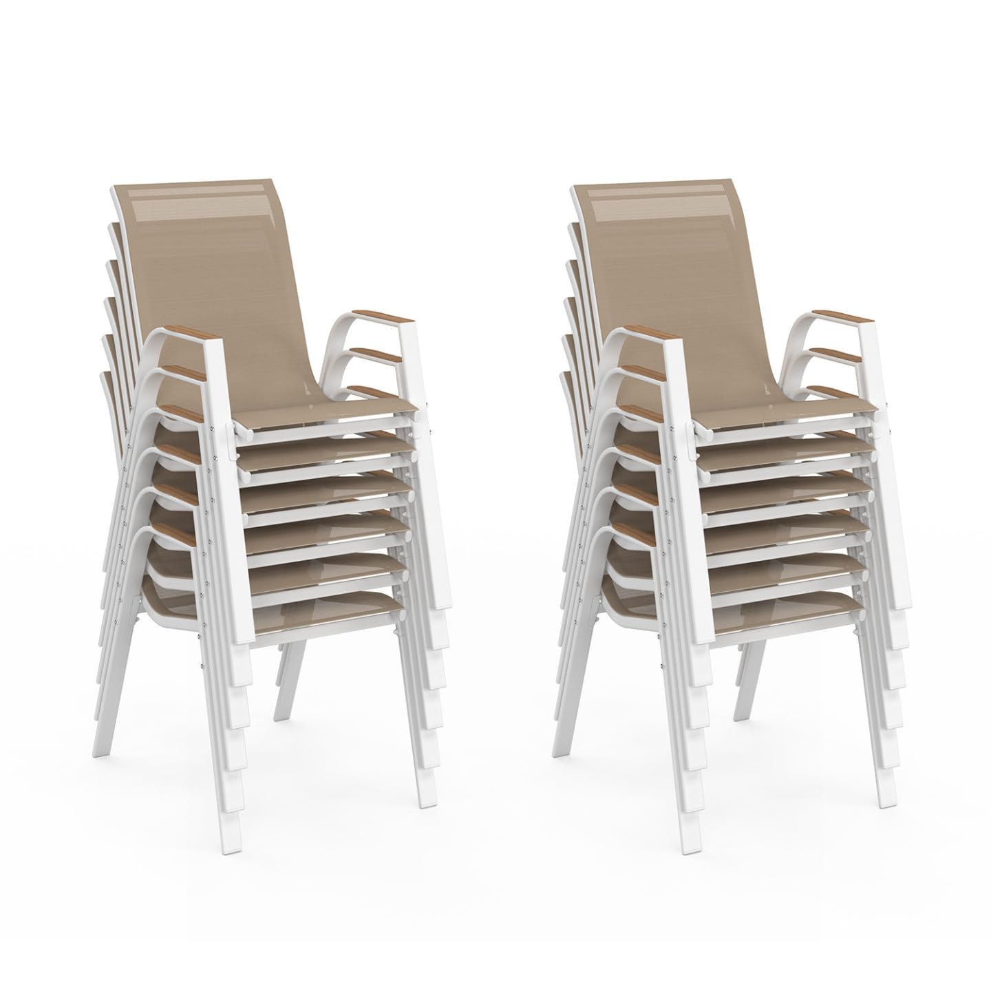 IDMarket - Salón de jardín NOUMEA Mesa extensible 135/270 cm, tablero de vidrio templado con efecto de madera y 12 sillas apilables, blanco y madera