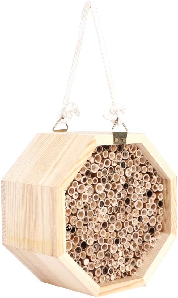 Wooden Insect House, Bee Hotel, Hanging Beneficial Insect Habitat, Tubular Channels Insect Hotel, Interesting Bug Hotel Garden for Nesting Insects, Honey, Garden Decoration
