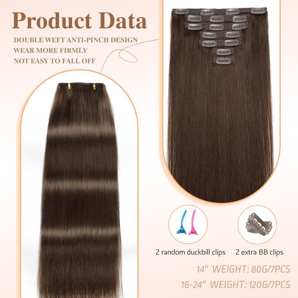 HotLulana extensión de clip de pelo humano Remy, 7 unidades, color marrón oscuro, extensiones de clip invisibles, 35 cm, 80 g