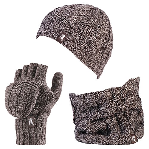 Heat Holders - Thermal Fleece Cable Knit Hat, Neck Warmer And Converter Gloves Set For Women Winter (Brown Marl) #TOP25