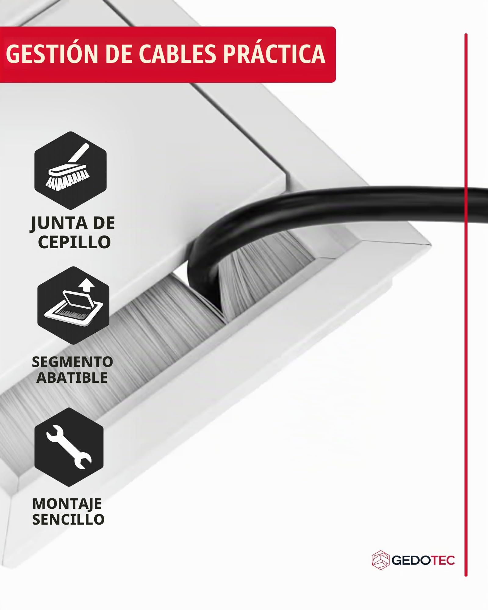 Gedotec Exit G11 ECO - Pasacables para escritorio, caja de cables empotrada, 320 x 100 mm, 1 unidad, salida de cable, mesa de oficina para empotrar