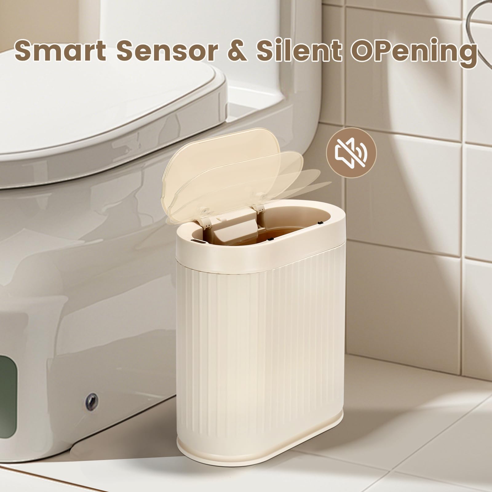 ELPHECO Pattumiera con sensore di movimento, in plastica, impermeabile, con coperchio automatico, per bagno, camera da letto, cucina e ufficio (beige)