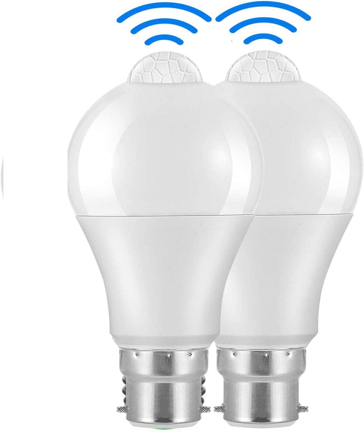 LED Smart Motion Light Bulbs - B22 PIR Light Sensor Bulb 12W Cool White 6000K Auto On/Off Night Lamp for Stairs, Garage, Corridor, Walkway, Yard, Hallway, Patio, Carport (2 Pack)
