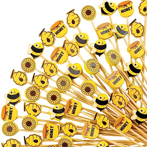Zubebe Summer Bees Cocktail Picks Sunflower Bamboo Toothpicks Bee Cocktail Toothpicks for Cupcake Fruit Appetizers Drinks Baby Shower Party Decorations (100)