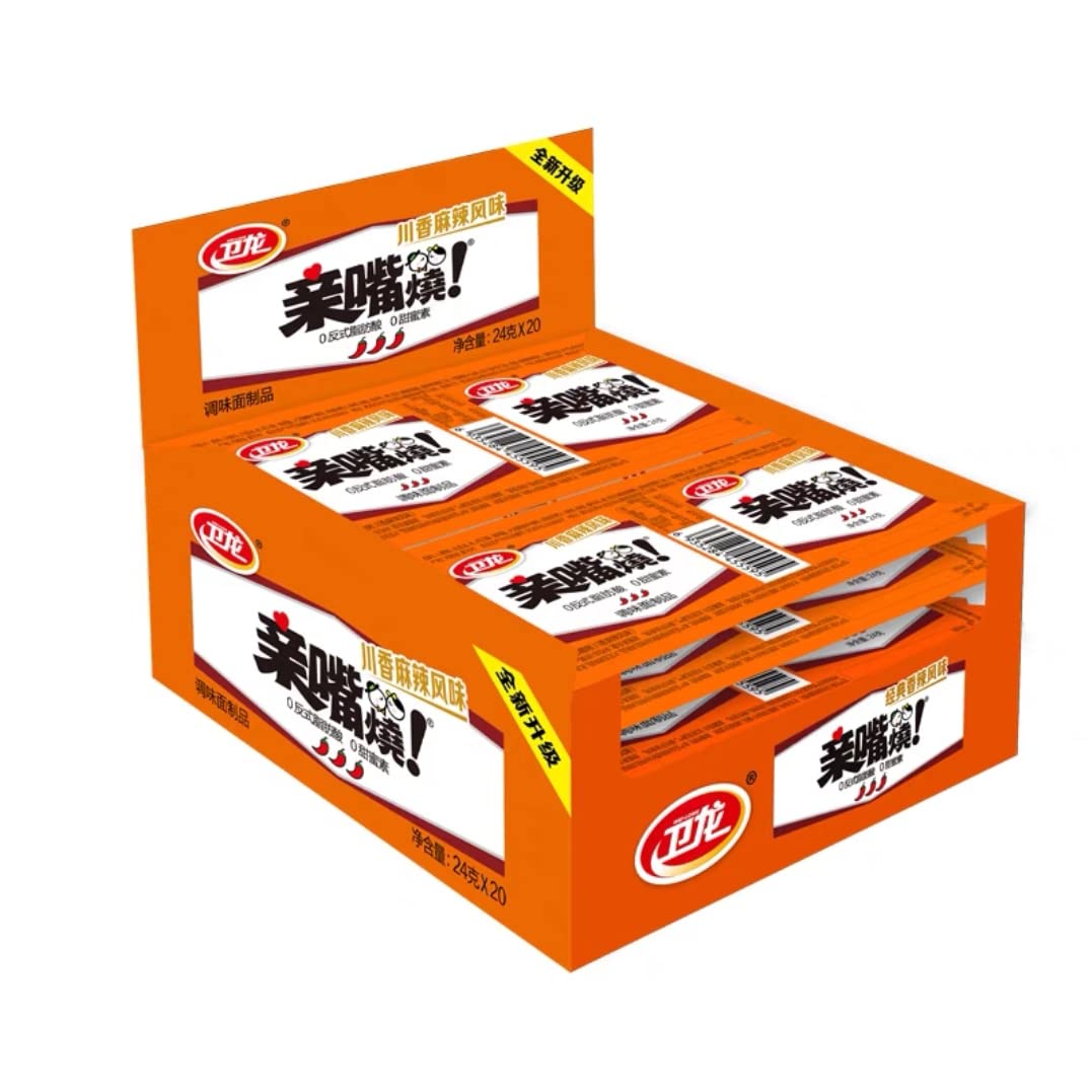WeiLong Latiao, QinZuiShao 卫龙 亲嘴烧, Chinese Snack, Wei Long Series Spicy Gluten 24g*20 pcs (Sichuan Spicy)