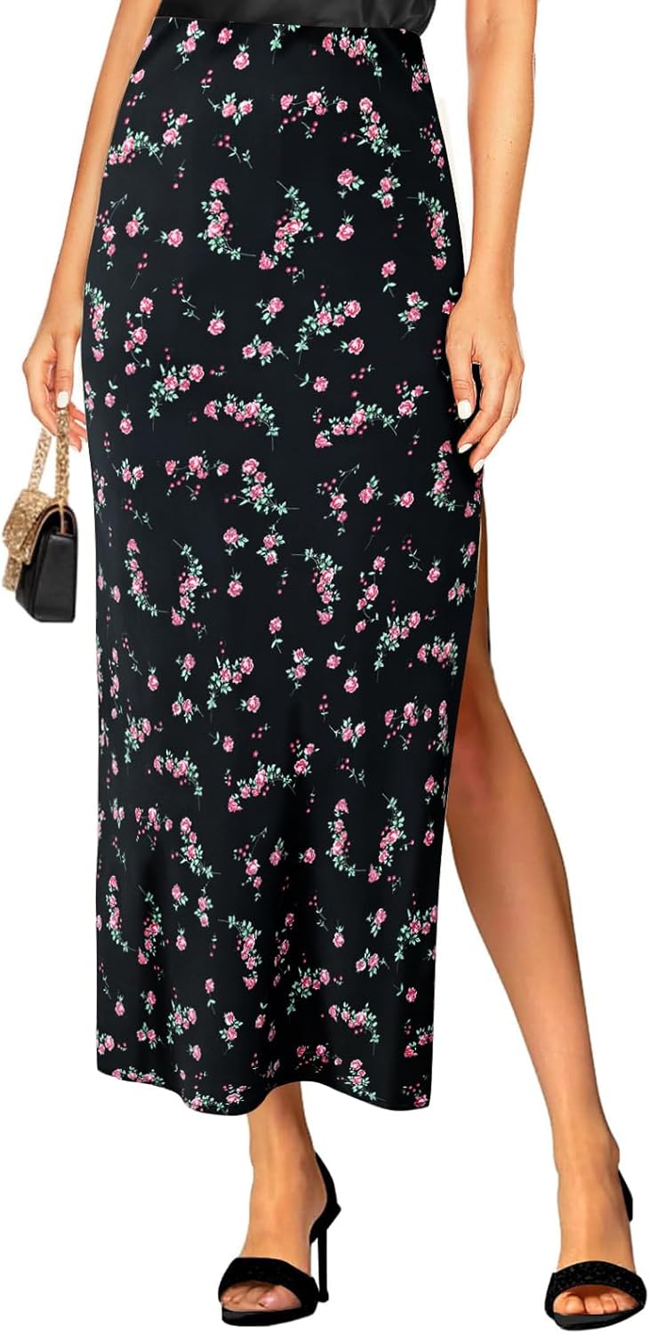 Women's Satin High Waisted Side Split Maxi Skirt Elastic Waistband Long Silk Skirts for Women