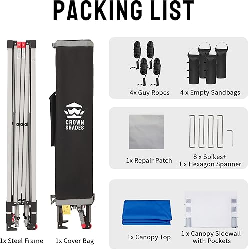 Miniatura 8 de CROWN SHADES Tienda de campaña con toldo, refugio portátil de 10 x 10 pies para exteriores con pared lateral de bolsillo, bloqueo central de empuje,
