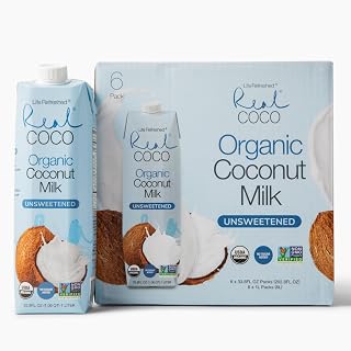 Real Coco Organic Coconut Milk Beverage 6-Pack (1L) - USDA Organic, No Added Sugar, Vegan Keto Paleo Dairy Soy Free