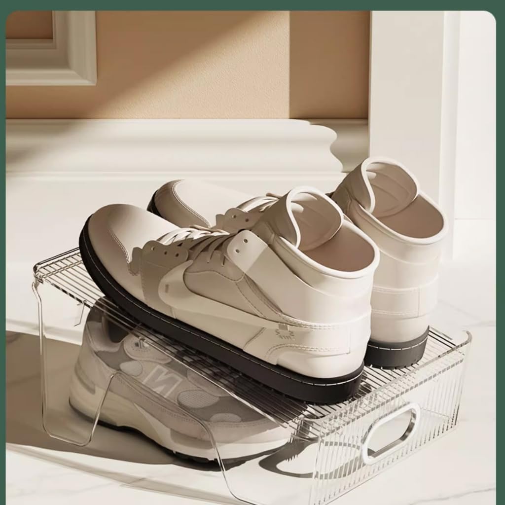 HYGRAD - Double Layer Shoe Rack Slots Organizer 25 X 23 X 12.7cm Stacker Space - Saving Transparent Plastic Shoe Holder - Stand Shoe Rack Wardrobe Storage For Cabinet (Silver, 6pcs)