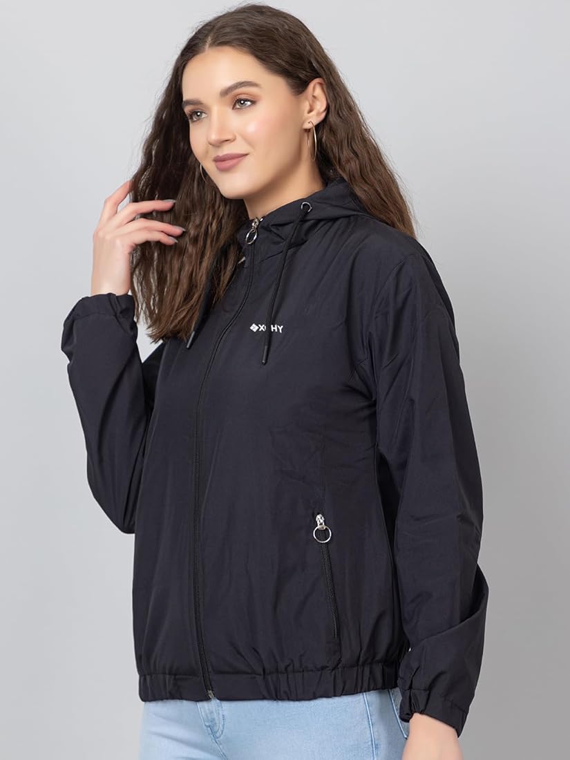 Buy Xohy Women's Black Hooded Windcheater Jacket – Stylish, Warm