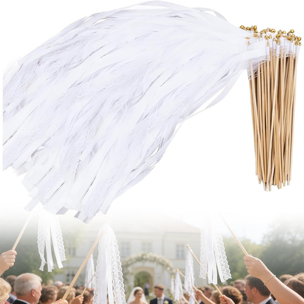 50 Pezzi Bacchette Matrimonio, Bacchette per Matrimonio con Grandi Campanelle e Nastri | Bacchettes Bianche per Nozze in Seta per Matrimoni, Compleanni e Festività