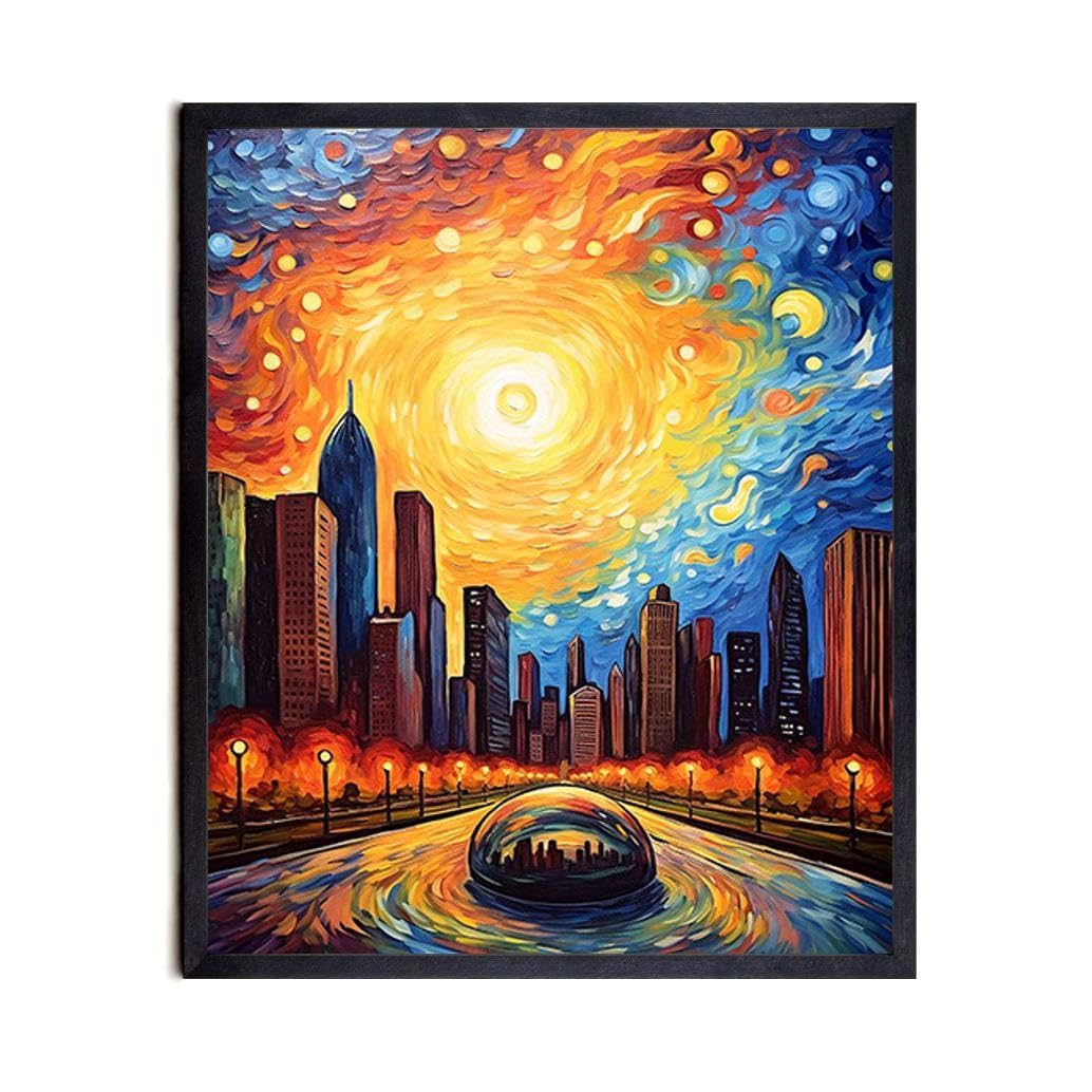 Bestbuddy Pet 8X10 Unframed Starry Night Van Gogh Inspired Chicago Landmark Cloud Gate Statue Sculpture Famous Tourist World Tour Family Oil Painting Art Print Poster Wall Decor AP114