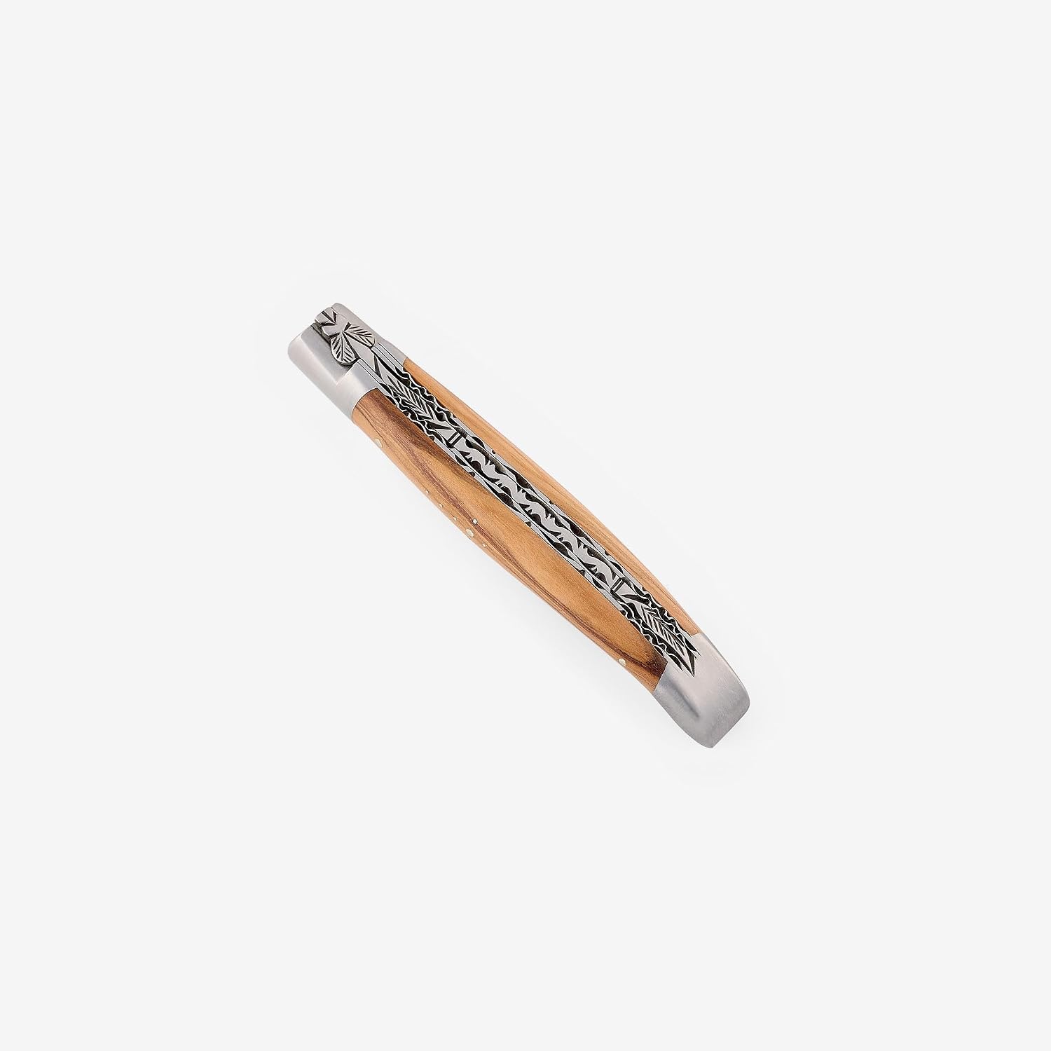 Laguiole en Aubrac Handcrafted Double Plates Folding Pocket Knife, 4.8-in (12cm), Olive Wood Handle, Damascus Blade, Stainless Steel Brushed Bolsters