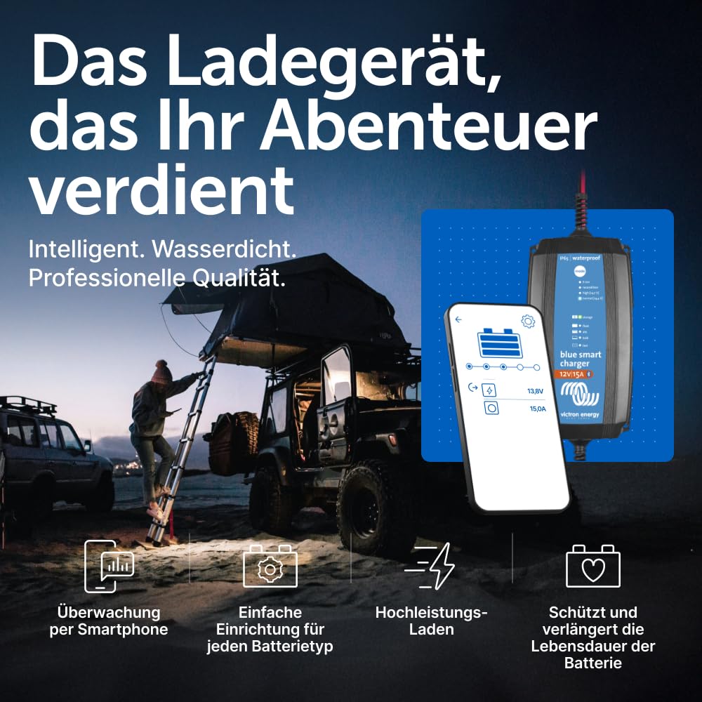 Victron Energy Blue Smart Batterie Ladegerät 12-Volt 15 Ampere 230V - Autobatterie Ladegerät - Batterieerhaltungsgerät und Desulfator - IP65 Geschützt - Bluetooth - CEE 7/17