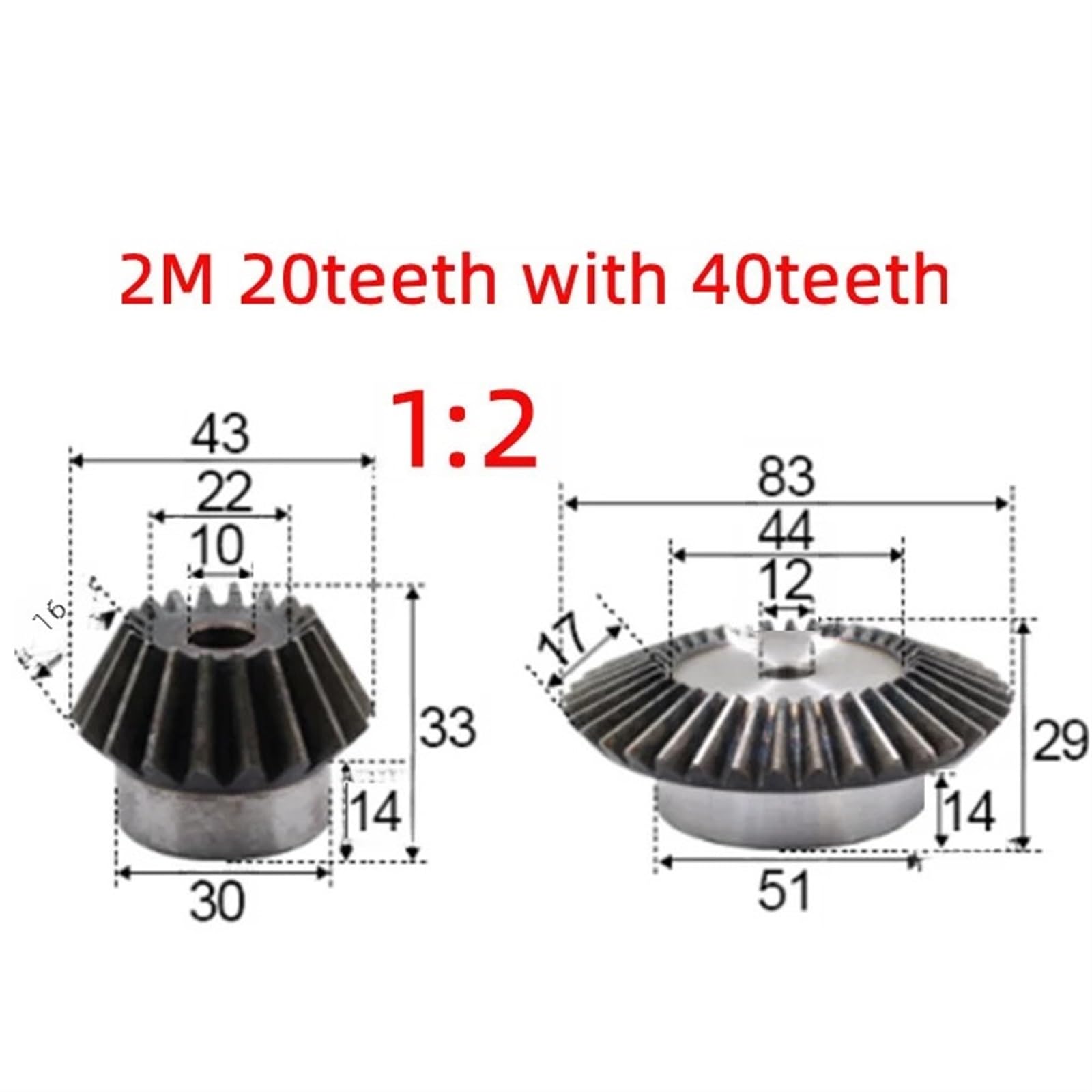 Bevel Gear Pinion Hardware Mechanical 2pcs 1:2 Bevel Gear 2 Modulus 20teeth + 40teeth 90 Degree Drive Commutation Steel Gears Steel Gears