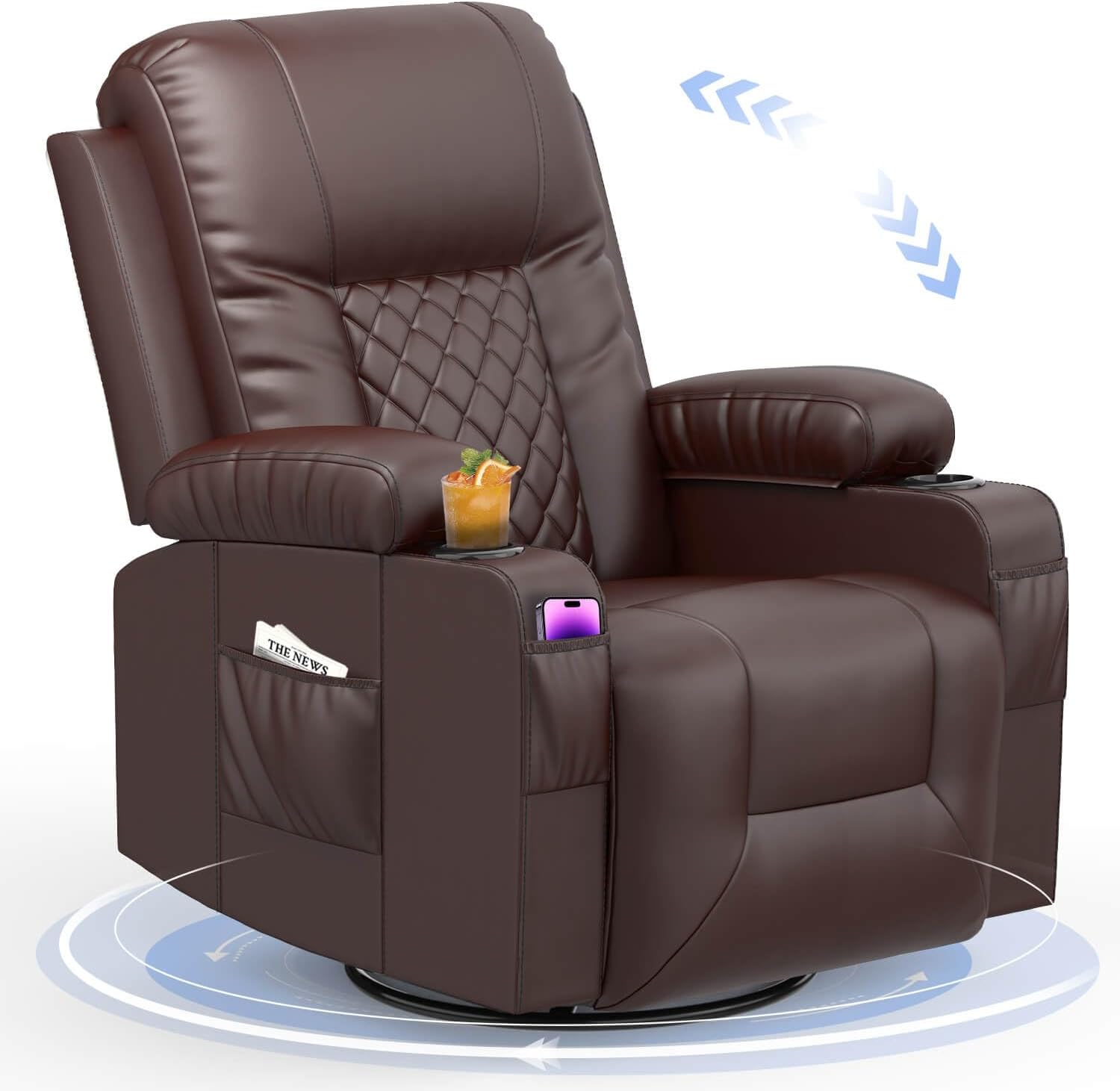 YONISEE Recliner Chair, Swivel Recliner Rocker Chairs with 360° Rotate & 125° Rocking Mechanism, Extended Footrest, Swivel Armchair Single Sofa Living Room Lounge with Drink Holders & Side Pockets