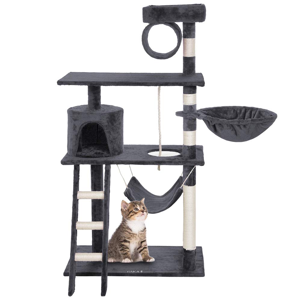 Bakaji Albero Tiragraffi per Gatti in Sisal e Peluche Parco Giochi Gatto con Cuccia Sospesa Nascondigli Pali Graffiatoio e Piattaforme Dimensioni 142 x 74,5 x 40 cm (Grigio)