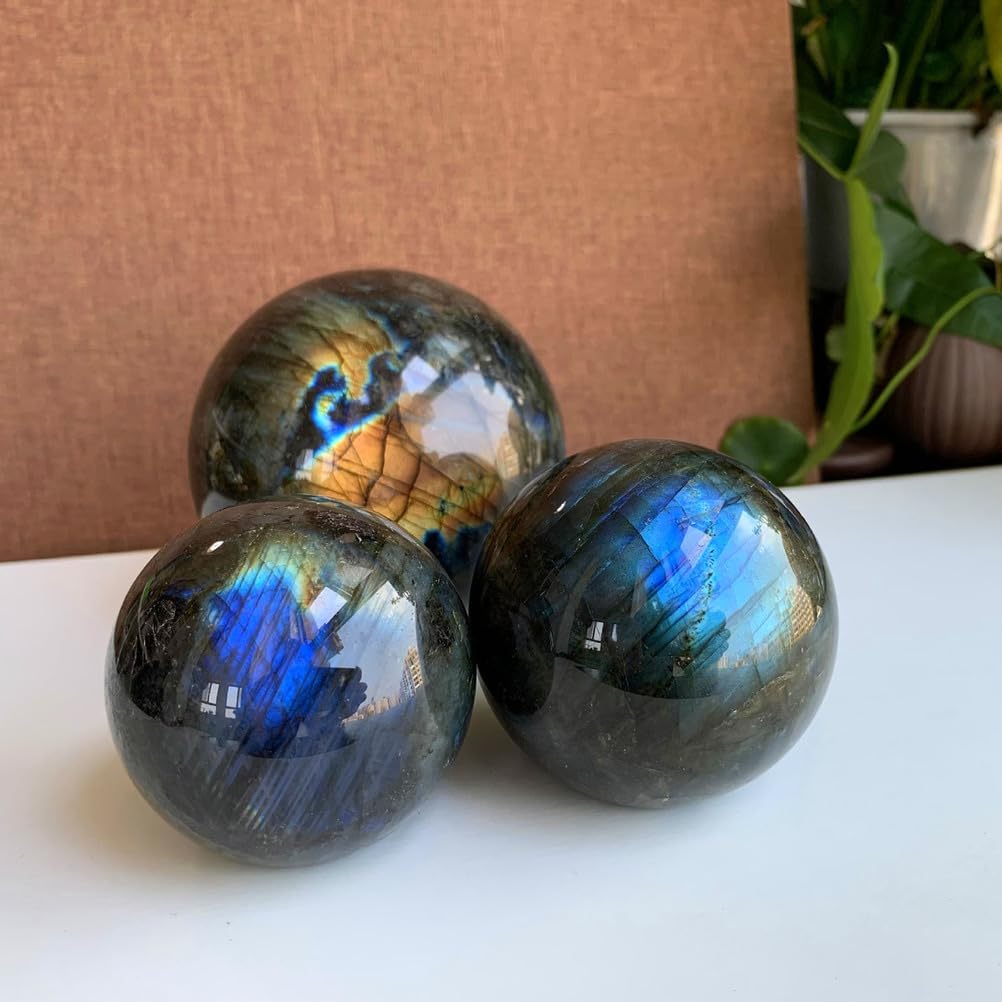 Labradorite Ball,Hand Carved Moonstone Crystal Ball,Polished Blues Crystal Sphere,Feng Shui Divination Sphere, Rock Sphere Home Office Decor,2.75"(7cm)