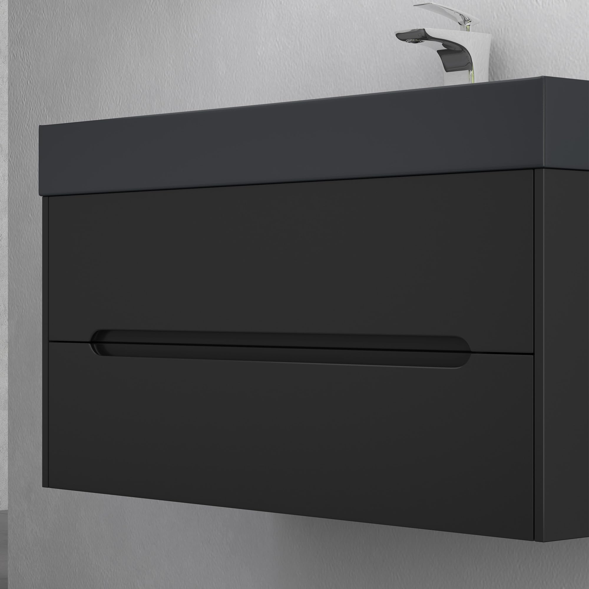 doporro Mobile Bagno Sospeso 100 cm con Lavabo in Marmoresina – Finitura Nero Opaco, Cassetti a Chiusura Rallentata, Serie Yoga