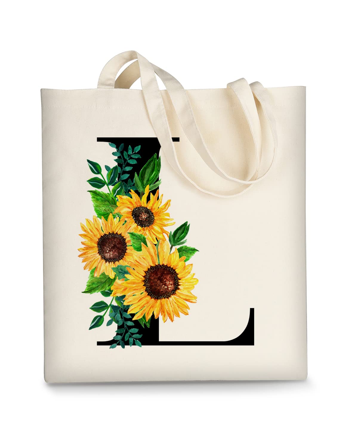AUSVKAI Canvas Tote Bag Aesthetic for Women, Cute Sunflower Initial Trendy Monogram Personalized Initial Birthday Reusable Cloth Cotton Bags with